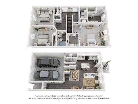 Floor plan for 3 beds, 2.5 baths, 1616 sqft